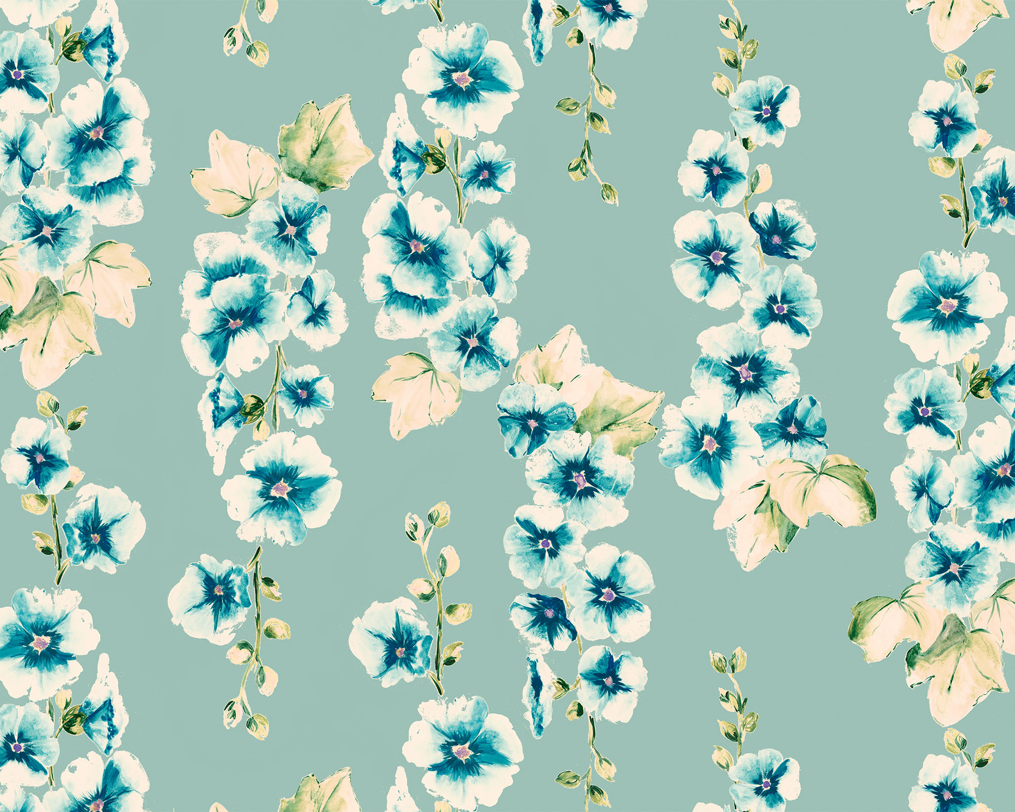 Hollyhocks Fabric - Aqua