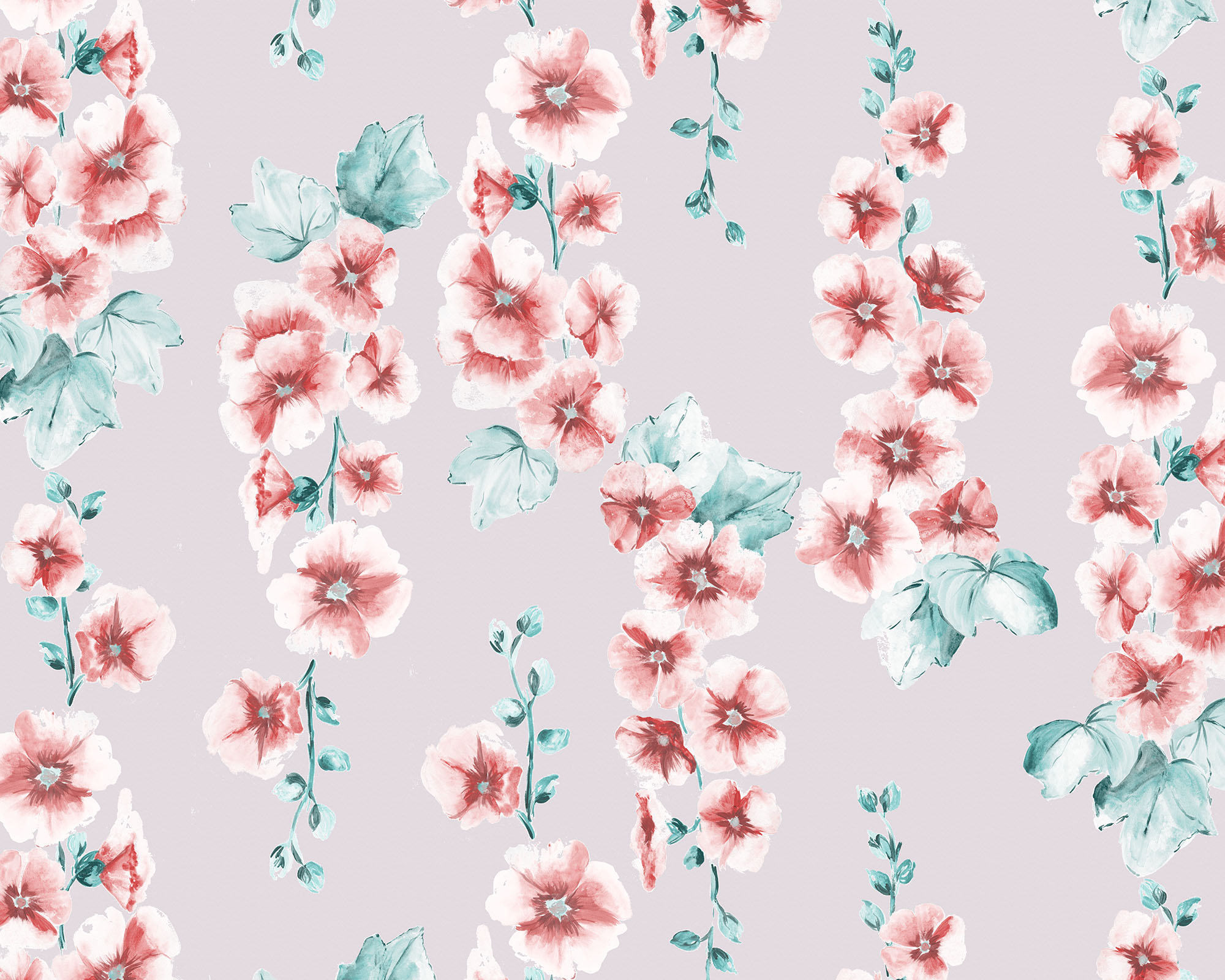 Hollyhocks Fabric - Coral