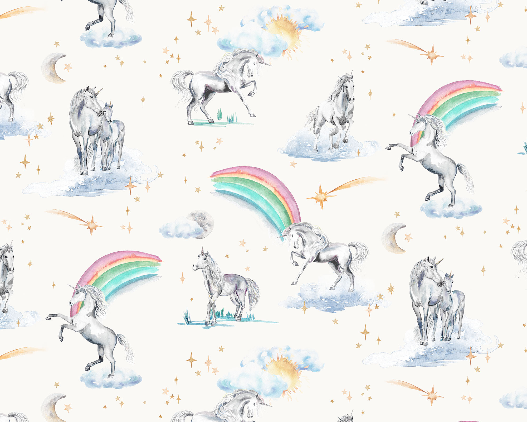 Unicorns Curtain Fabric - Multi-Ivory
